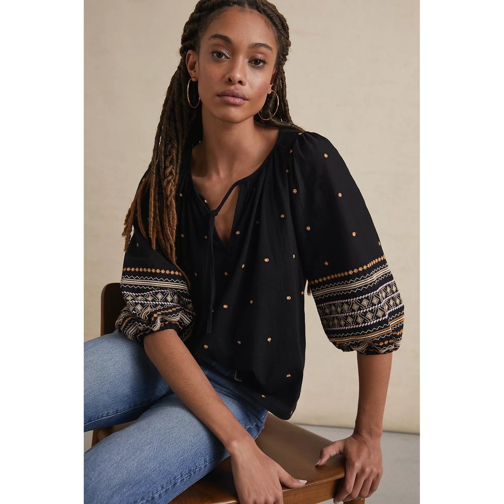Anthropologie Pilcro Calanthe Top Medium Black Embroidered Boho Peasant Blouse